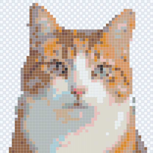 清理背景后实际转换的 52 × 52 格猫咪图纸，使用 16 个 Perler 色号，主体周围为空位。