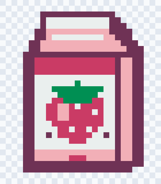 草莓牛奶盒数字拼豆图纸的颜色视图，使用五种 Perler 颜色，没有格线。